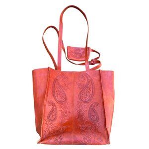 Handmade Leather Tote Bag & Coin Purse Set With Floral Embossing Large Size Oran